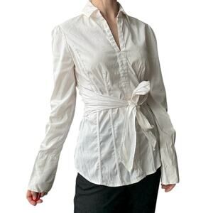 White House Black Market White Long‎ Sleeve Tie Front Blouse vintage
